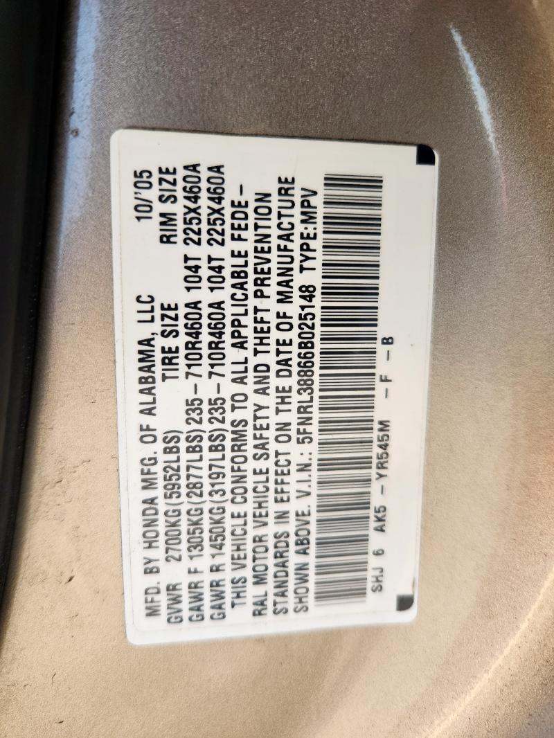 5FNRL38866B025148 - 2006 HONDA ODYSSEY TOURING BEIGE photo 13