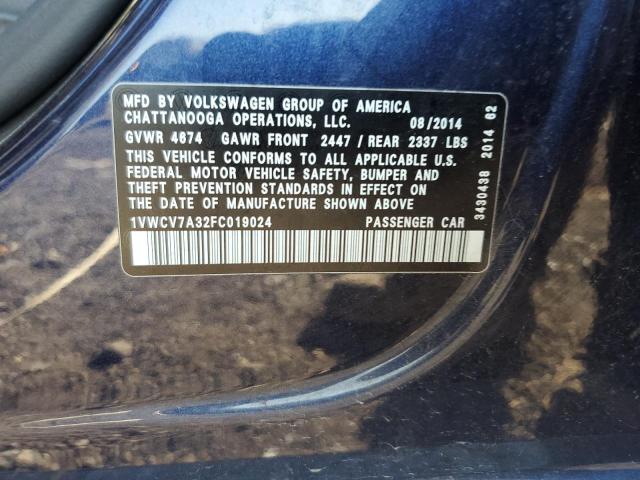 1VWCV7A32FC019024 - 2015 VOLKSWAGEN PASSAT SEL BLUE photo 12