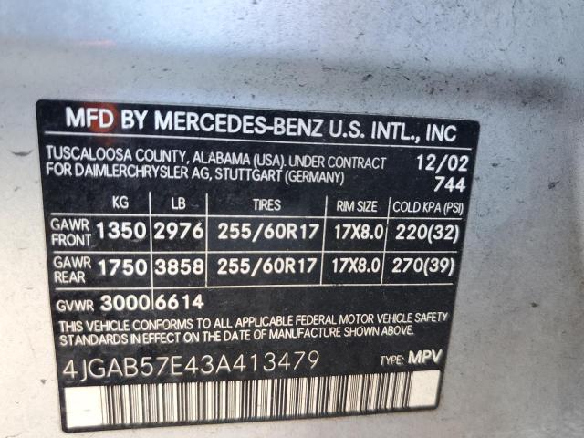 4JGAB57E43A413479 - 2003 MERCEDES-BENZ ML 350 SILVER photo 12