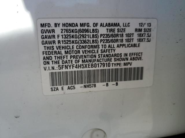 5FNYF4H5XEB017910 - 2014 HONDA PILOT EXL WHITE photo 14