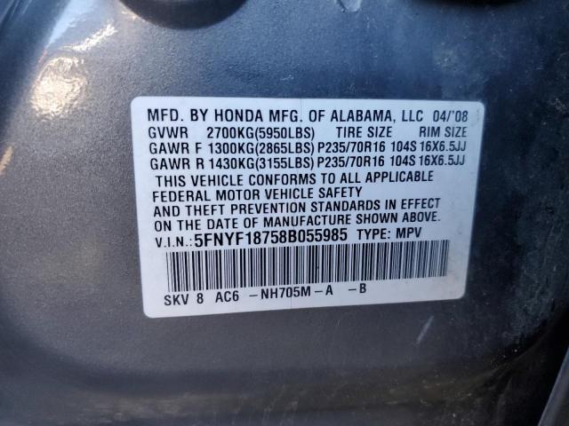 5FNYF18758B055985 - 2008 HONDA PILOT EXL ნაცრისფერი ფოტო 13