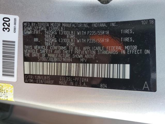 5TDDZ3DCXKS216984 - 2019 TOYOTA SIENNA XLE Gümüş foto 14