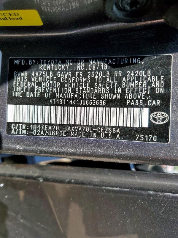 4T1B11HK1JU663696 - 2018 TOYOTA CAMRY L GRAY photo 12