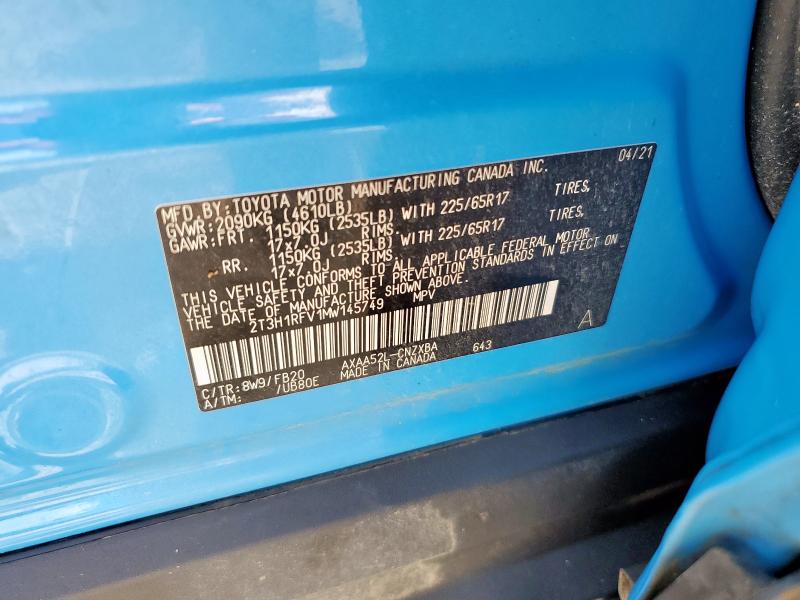 2T3H1RFV1MW145749 - 2021 TOYOTA RAV4 LE BLUE photo 12