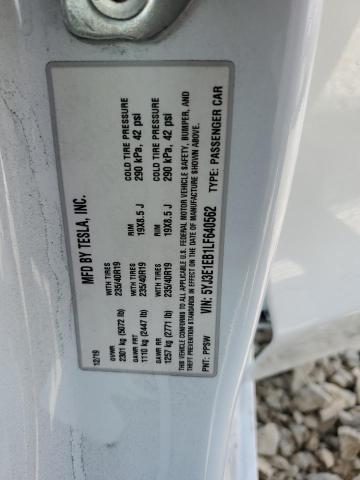 5YJ3E1EB1LF640562 - 2020 TESLA MODEL 3 WHITE photo 12