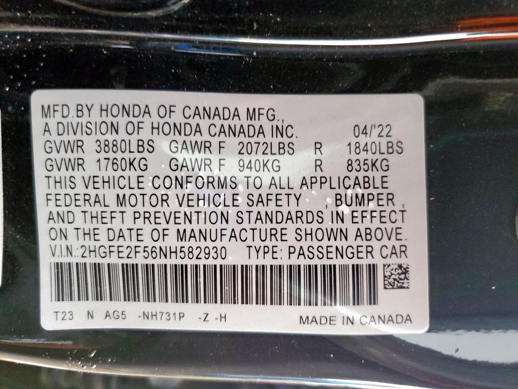 2HGFE2F56NH582930 - 2022 HONDA CIVIC SPORT შავი ფოტო 13