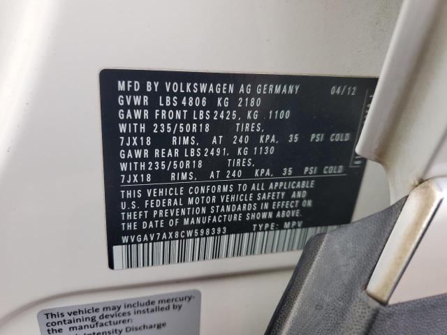 WVGAV7AX8CW598393 - 2012 VOLKSWAGEN TIGUAN S 白色 照片 13