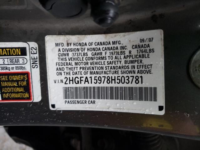 2HGFA15978H503781 - 2008 HONDA CIVIC EXL ვერცხლისფერი ფოტო 12