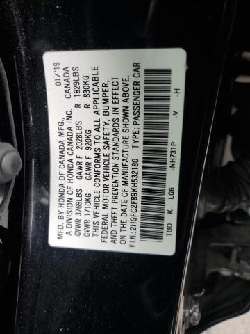 2HGFC2F89KH532180 - 2019 HONDA CIVIC SPORT Siyah fotoğraf 12