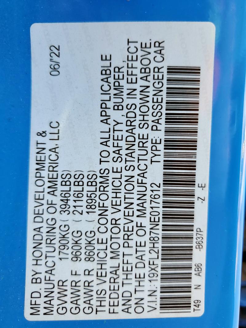 19XFL2H87NE017612 - 2022 HONDA CIVIC SPORT BLUE photo 12