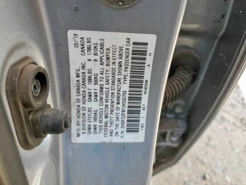 2HGFC2F87JH552703 - 2018 HONDA CIVIC EX 银色 照片 12