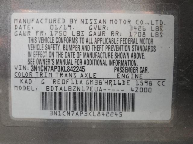 3N1CN7AP3KL842245 - 2019 NISSAN VERSA S ნაცრისფერი ფოტო 12