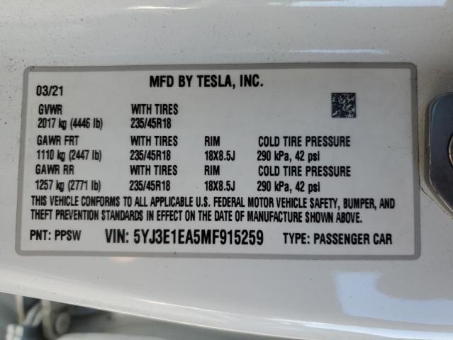 5YJ3E1EA5MF915259 - 2021 TESLA MODEL 3 Սպիտակ լուսանկար 12