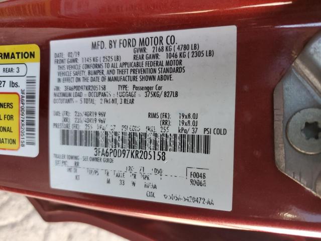 3FA6P0D97KR205158 - 2019 FORD FUSION TITANIUM RED photo 12