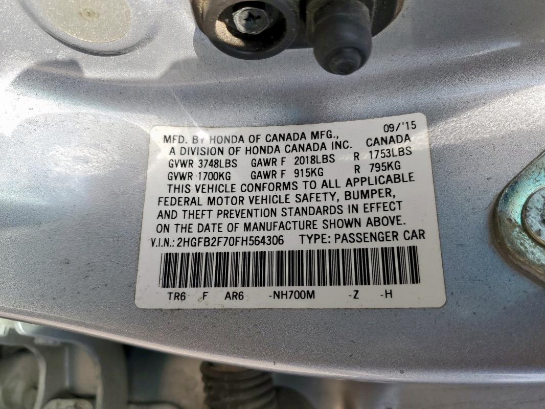 2HGFB2F70FH564306 - 2015 HONDA CIVIC SE 银色 照片 12