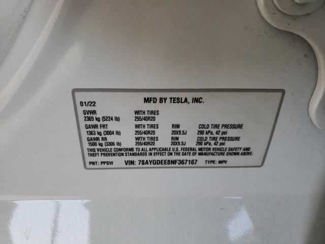 7SAYGDEE8NF367167 - 2022 TESLA MODEL Y 白色 照片 12