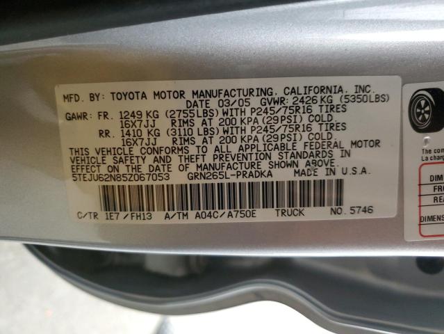 5TEJU62N85Z067053 - 2005 TOYOTA TACOMA DOUBLE CAB PRERUNNER SILVER photo 12