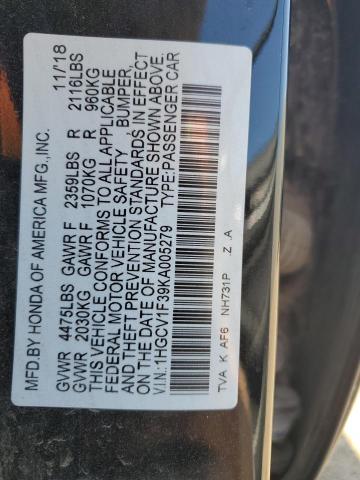 1HGCV1F39KA005279 - 2019 HONDA ACCORD SPORT Czarny zdjęcie 12