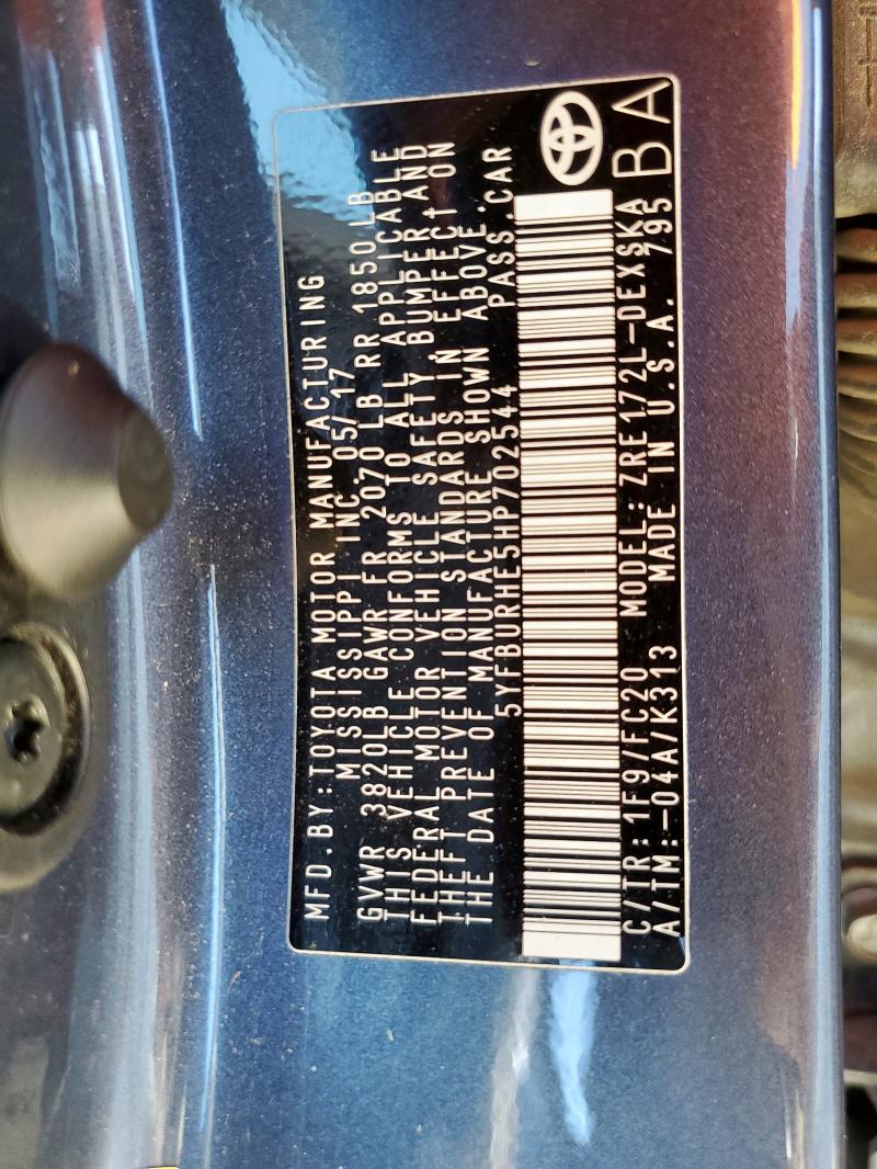 5YFBURHE5HP702544 - 2017 TOYOTA COROLLA L გრაფიტი ფოტო 12