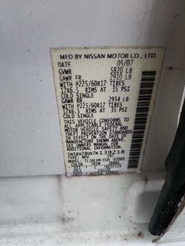 5N1BV28UX7N139218 - 2007 NISSAN QUEST S თეთრი ფოტო 13