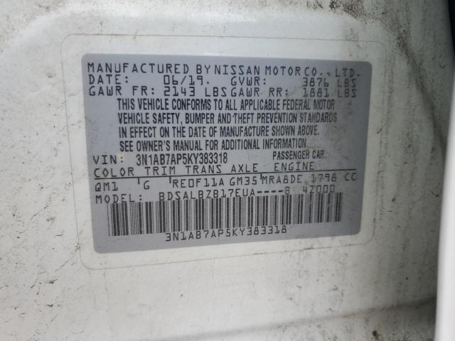 3N1AB7AP5KY383318 - 2019 NISSAN SENTRA S WHITE photo 12