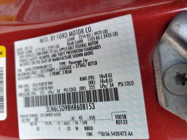 3LN6L5D98HR608153 - 2017 LINCOLN MKZ SELECT RED photo 12