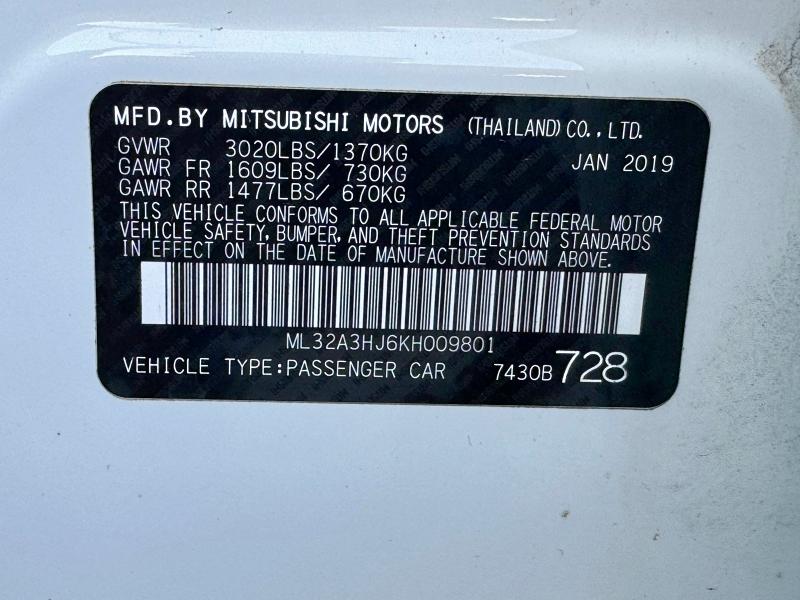 ML32A3HJ6KH009801 - 2019 MITSUBISHI MIRAGE ES 白色 照片 10