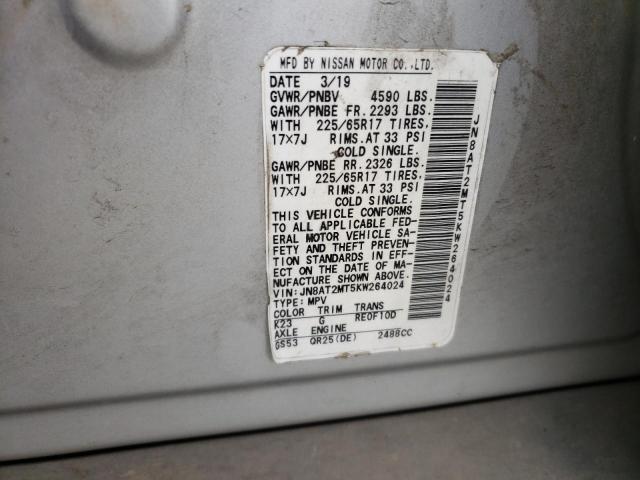 JN8AT2MT5KW264024 - 2019 NISSAN ROGUE S SILVER photo 13