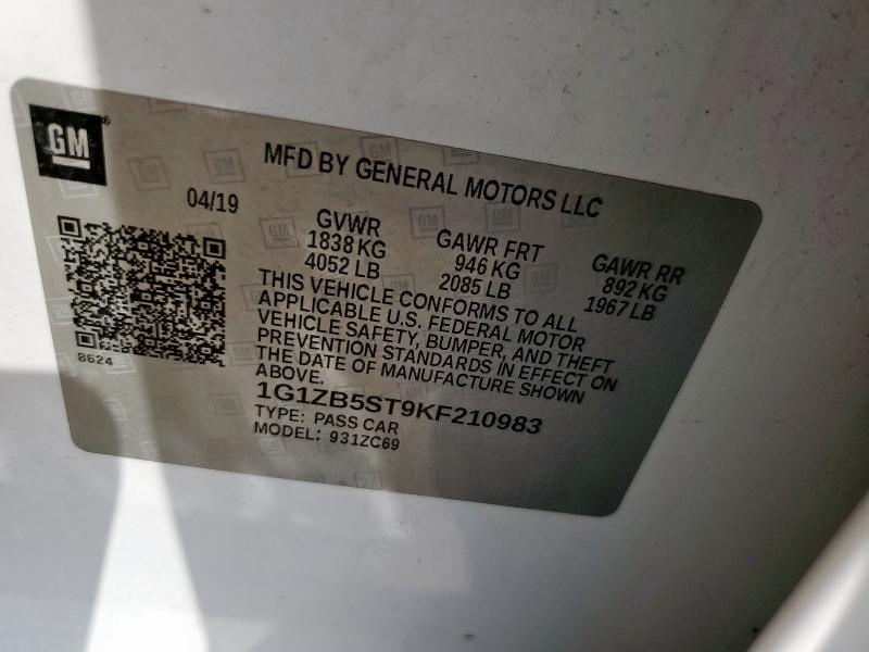 1G1ZB5ST9KF210983 - 2019 CHEVROLET MALIBU LS أبيض صورة 12