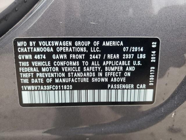 1VWBV7A33FC011820 - 2015 VOLKSWAGEN PASSAT SE GRAY photo 12