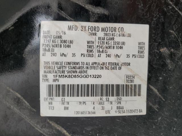 1FM5K8D85GGD13220 - 2016 FORD EXPLORER XLT BLACK photo 13