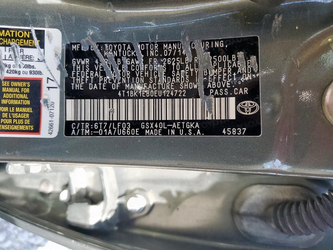 4T1BK1EB0EU124722 - 2014 TOYOTA AVALON BASE GREEN photo 12