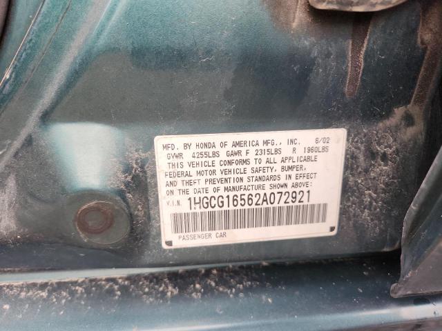 1HGCG16562A072921 - 2002 HONDA ACCORD EX GREEN photo 12