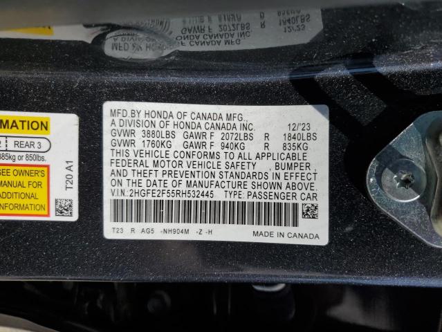 2HGFE2F55RH532445 - 2024 HONDA CIVIC SPORT 灰色 照片 12