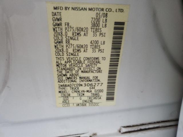 1N6BA07C09N306277 - 2009 NISSAN TITAN XE WHITE photo 13