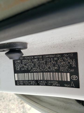 JTDKN3DU7C5479775 - 2012 TOYOTA PRIUS 白色 照片 12