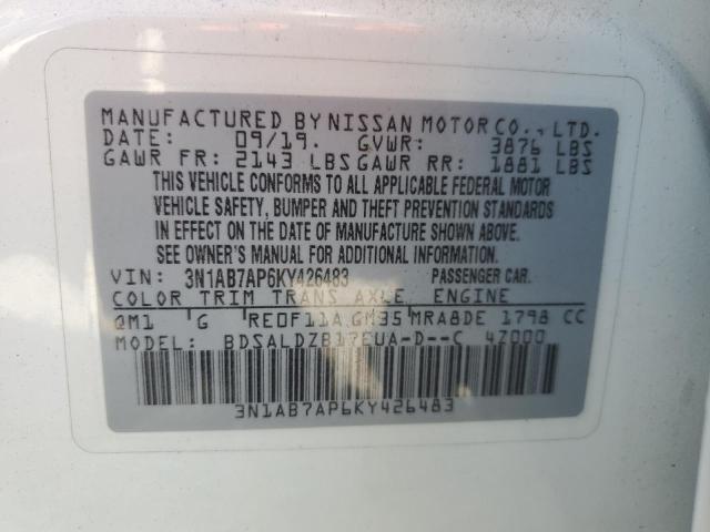 3N1AB7AP6KY426483 - 2019 NISSAN SENTRA S Ақ фото 12