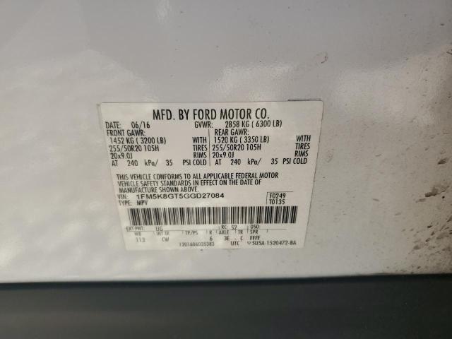 1FM5K8GT5GGD27084 - 2016 FORD EXPLORER SPORT WHITE photo 12