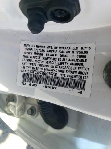 19XFC2F74GE075268 - 2016 HONDA CIVIC EX WHITE photo 12