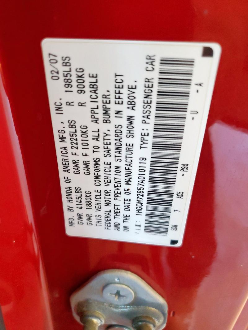 1HGCM72657A010119 - 2007 HONDA ACCORD EX RED photo 12