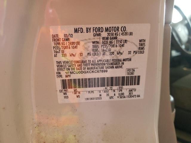 1FMCU0DGXCKC67899 - 2012 FORD ESCAPE XLT 白色 照片 13