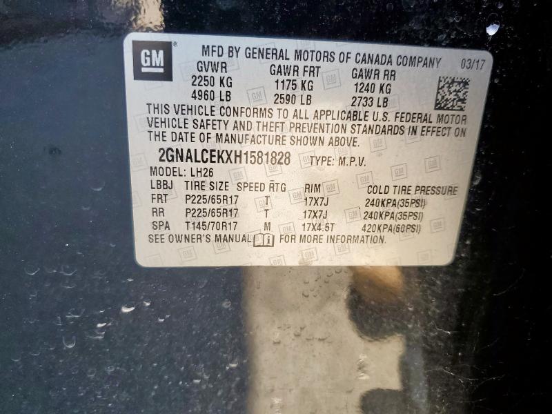 2GNALCEKXH1581828 - 2017 CHEVROLET EQUINOX LT შავი ფოტო 13