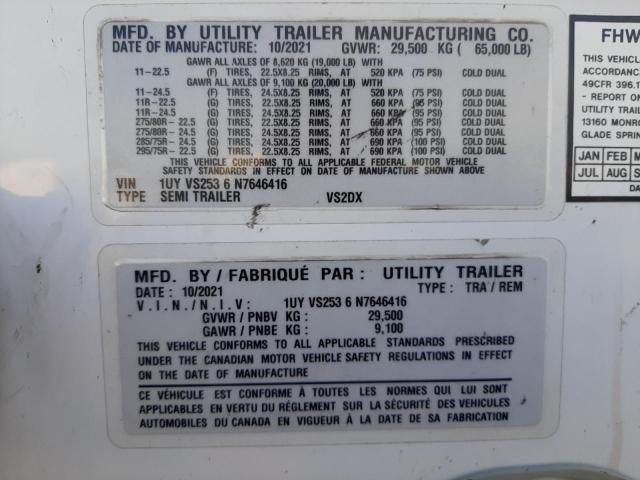 1UYVS2536N7646416 - 2022 UTILITY TRAILER WHITE photo 10