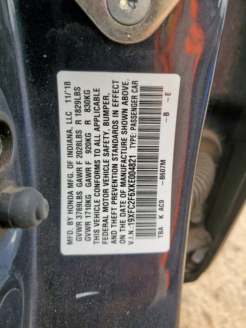 19XFC2F6XKE004821 - 2019 HONDA CIVIC LX ლურჯი ფოტო 12