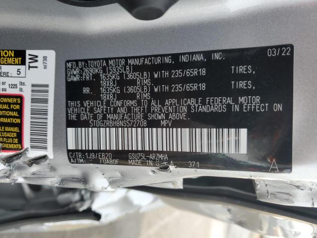 5TDGZRBH8NS572708 - 2022 TOYOTA HIGHLANDER XLE GRAY photo 14