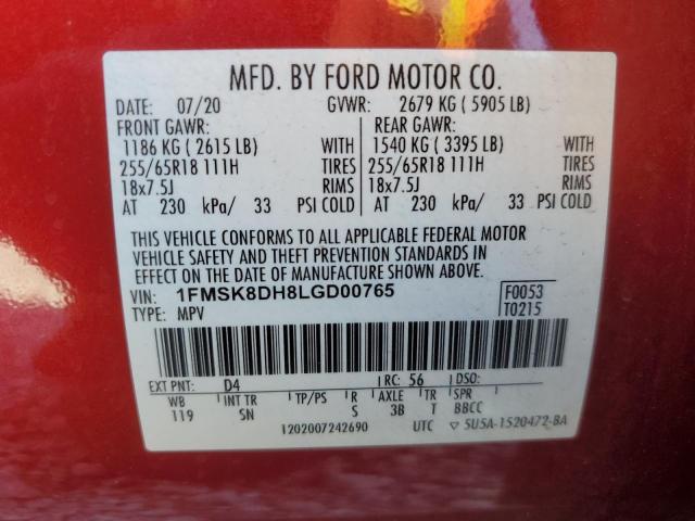 1FMSK8DH8LGD00765 - 2020 FORD EXPLORER XLT Կարմիր լուսանկար 14