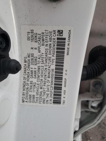2HGFC2F88KH569186 - 2019 HONDA CIVIC SPORT WHITE photo 12