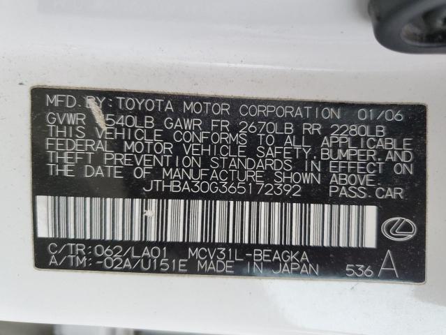 JTHBA30G365172392 - 2006 LEXS ES 330 WHITE photo 12