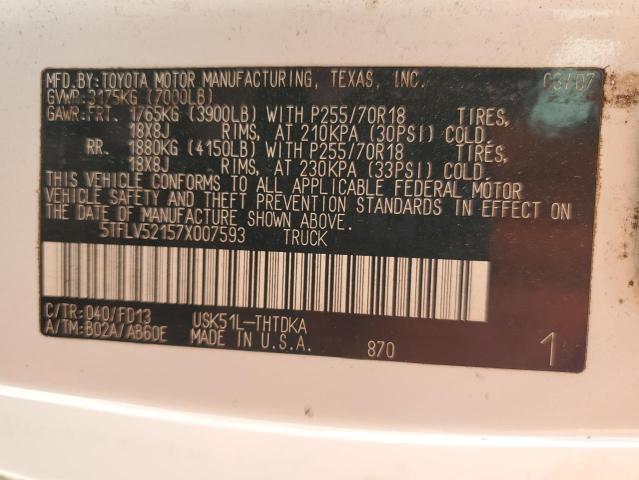5TFLV52157X007593 - 2007 TOYOTA TUNDRA WHITE photo 12