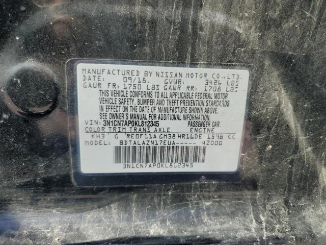 3N1CN7AP0KL812345 - 2019 NISSAN VERSA S BLACK photo 12